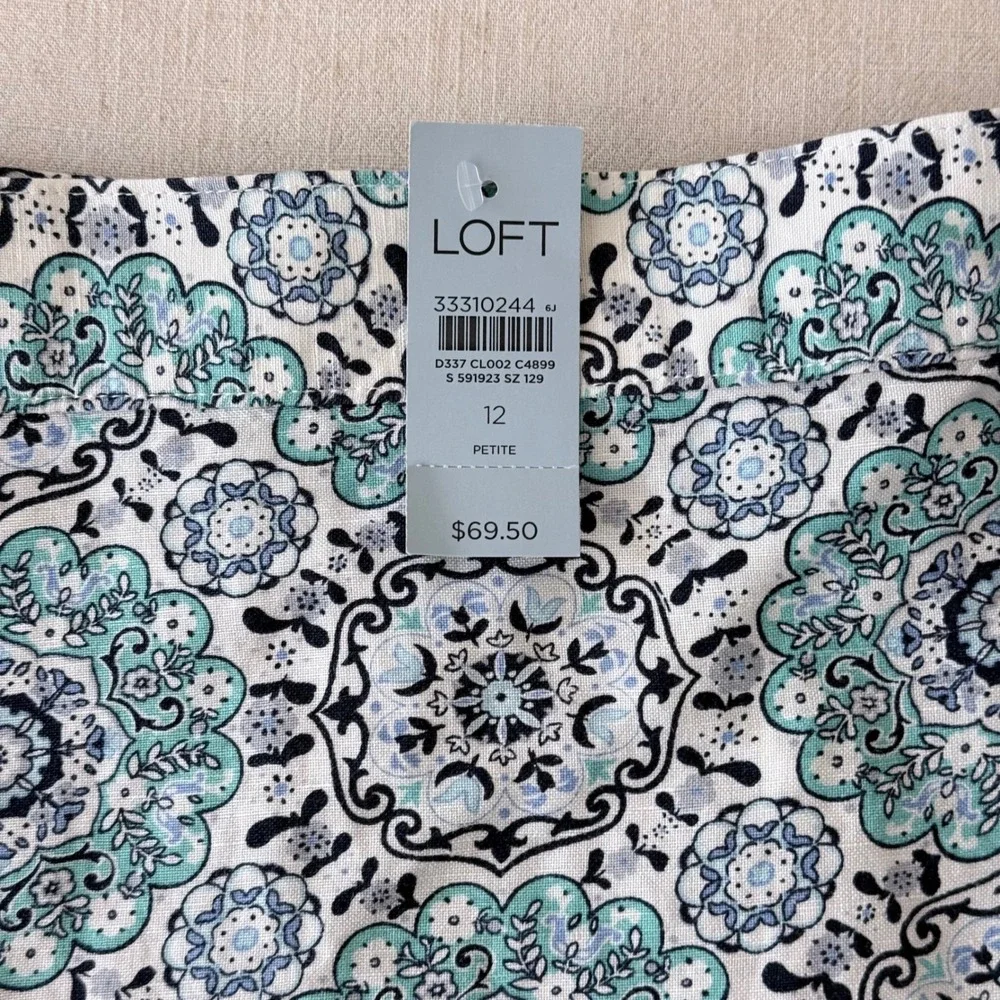 LOFT‎ Petite Linen Blend Boho Wrap Skirt 12P Blue Medallion Print NWT Summer